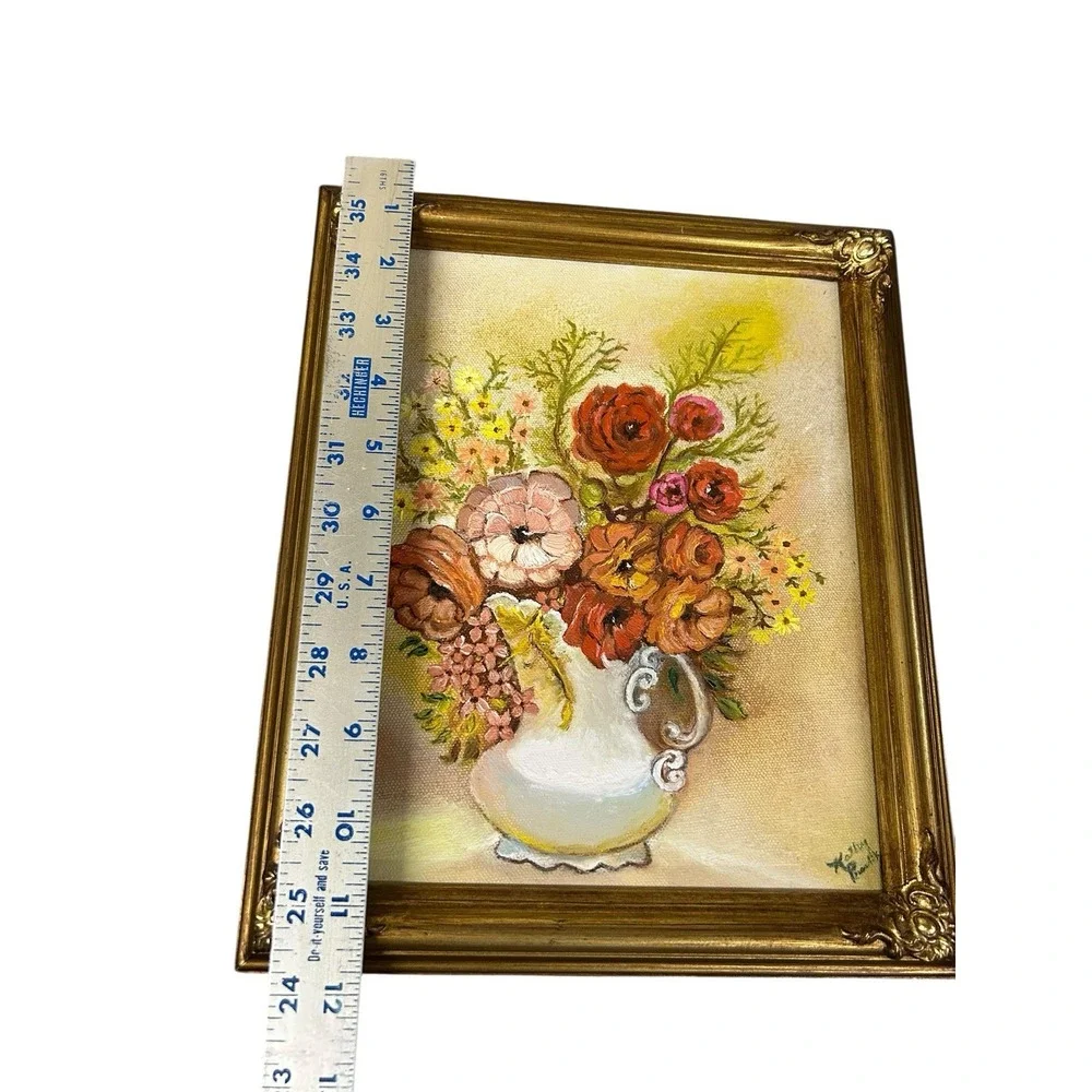 Vintage Oil Painting Floral‎ flowers White Vase Gold Wooden Frame 11.5x9.5